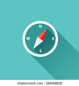 stylish flat design white Compass vector Icon with long shadow on stylish turquoise background. navigation and traveling sign. travel icon
