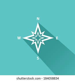 stylish flat design white Compass vector Icon with long shadow on stylish turquoise background. navigation and traveling sign. travel icon