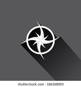 stylish flat design white Compass vector Icon with long shadow on black background. navigation and traveling sign. travel icon