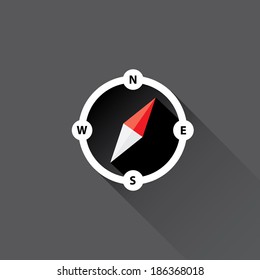 stylish flat design white Compass vector Icon with long shadow on black background. navigation and traveling sign. travel icon