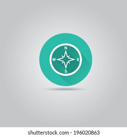stylish flat design white Compass vector Icon with long shadow on stylish turquoise background. navigation and traveling sign. travel icon