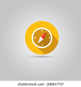 stylish flat design white Compass vector Icon with long shadow on orange abstract background. navigation and traveling sign. travel icon