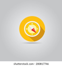stylish flat design white Compass vector Icon with long shadow on orange abstract background. navigation and traveling sign. travel icon