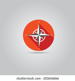 stylish flat design white Compass vector Icon with long shadow on red abstract background. navigation and traveling sign. travel icon