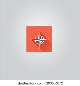 stylish flat design white Compass vector Icon with long shadow on red abstract background. navigation and traveling sign. travel icon