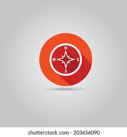 stylish flat design white Compass vector Icon with long shadow on red abstract background. navigation and traveling sign. travel icon