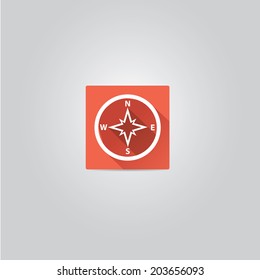 stylish flat design white Compass vector Icon with long shadow on red abstract background. navigation and traveling sign. travel icon