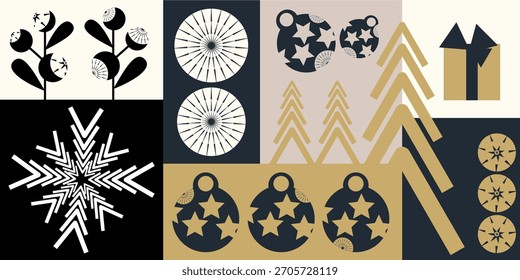 Stylish flat geometric Christmas vector set with ornaments, snowflakes, trees, and gifts. Elegant minimal design for cards, wrapping paper, decor, or festive branding.