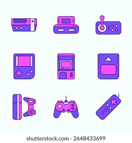 A stylish flat icon illustration of retro and modern gaming devices including arcade machines, gamepads, handheld consoles, cartridges, and controllers. Bright pink and purple color scheme