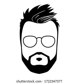 Stylish flat icon with man beard face with glasses silhouette. Hipster style avatar. Creative hairstyle vector illustration. Male barber black logo isolated on white background. Guy character sign.