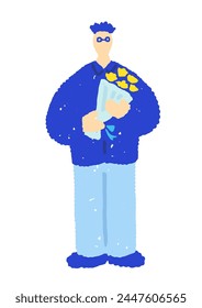 Stylish flat illustration of a father holding a bouquet of flowers.
