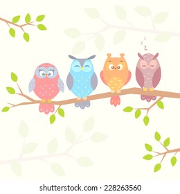 stylish flat illustration of four different funny owls sitting on a branch