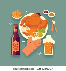 Stylish flat illustration, print, card with fried chicken, beer, sauces and hands holding food. Vector design