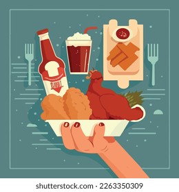 Stylish flat illustration, print, card with fried chicken, beer, sauces and hands holding food. Vector design