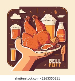 Stylish flat illustration, print, card with fried chicken, beer, sauces and hands holding food. Vector design