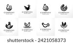 Stylish flat minimalistic logo design collection: modern graphic elements with abstract chicken shapes in black and white for agriculture and poultry farming products in vector set