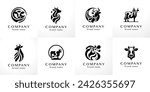 Stylish flat minimalistic logo design collection: modern graphic elements with abstract Cow shapes in black and white for agriculture and cattle farm dairy products (milk) in vector set