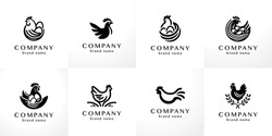 Stylish Flat Minimalistic Logo Design Collection: Modern Graphic Elements With Abstract Chicken Shapes In Black And White For Agriculture And Poultry Farming Products In Vector Set