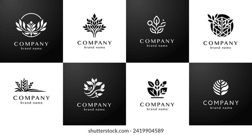 Elegante colección de diseño minimalista de logotipo plano: elementos gráficos digitales modernos con formas florales abstractas en blanco y negro para productos biológicos y orgánicos en conjunto vectorial