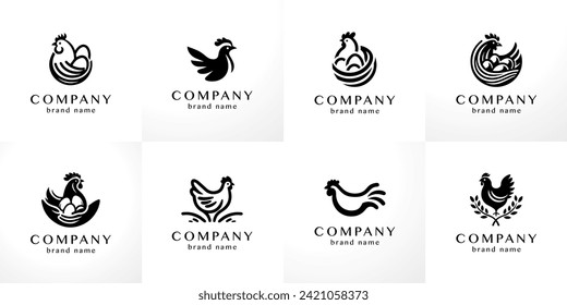 Stylish flat minimalistic logo design collection: modern graphic elements with abstract chicken shapes in black and white for agriculture and poultry farming products in vector set