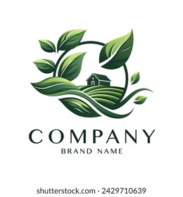 Diseño de logotipo minimalista plano elegante: elementos gráficos modernos con granja abstracta (formas de contorno verde) en color sobre fondo blanco para la agricultura y productos orgánicos de la granja vector de alta calidad