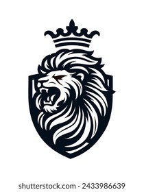 Stylish flat minimalistic logo design (icon sign): modern graphic element with abstract Brave Lion symbol in black and white for Powerful and Successful business style in high quality vector