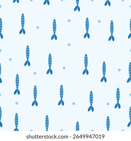 Stylish flat seamless pattern with vertically arranged striped blue fish and scattered light blue dots on a soft gray background. Modern marine look ideal for fabric, wallpaper, packaging, and digital