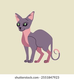 Elegante ilustración de estilo plano de un gato esfinge con ojos verdes. Diseño brillante y alegre conveniente para los productos de los niños, las tarjetas de felicitación, o el contenido digital lúdico.