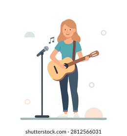 A stylish flat vector character of a female musician performing with an acoustic guitar and a stand microphone against a plain white background