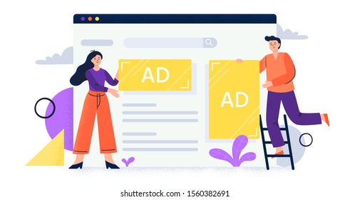 Stylish flat vector illustration with people and many icons on web advertising theme