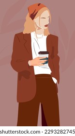 Stylish flat vector illustration of a woman with a handkerchief on her head in a jacket and trousers. A fashionable woman in a trouser suit holds coffee with her. And she's wearing reading accessories