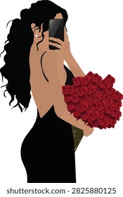 Stylish flat vector illustration of a woman taking a mirror selfie while holding a large bouquet of red roses. Perfect for Valentine's Day, romance, love, dating, floral themes, social media, greeting cards, phone covers, posters, stickers, fashion designs, and printable merchandise.