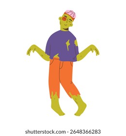 Ilustração de vetor plana elegante de um jovem em traje zumbi com detalhes realistas. Festa de Halloween