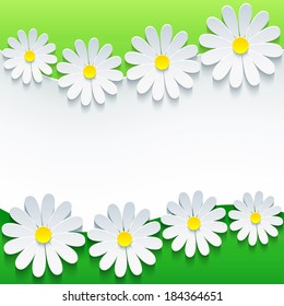 Stylish floral background, 3d cut paper flower chamomiles. Abstract trendy spring or summer background with sheet of paper - place for text. Floral frame. Vector illustration
