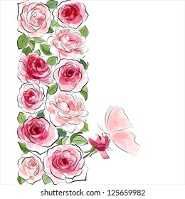 Stylish floral background. Blooming pink roses with butterfly.