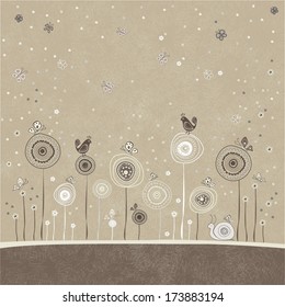 Stylish floral background card with snail, birds and butterflies. Vintage vector