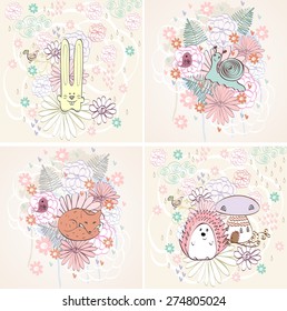 Stylish floral background with cartoon animals in light colors.