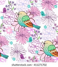 Stylish floral background with cartoon  bird in light colors.