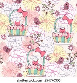 Stylish floral background with cartoon cat and  bird in light colors.