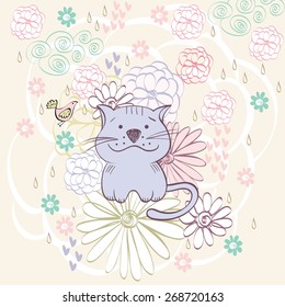Stylish floral background with cartoon cat and  bird in light colors.