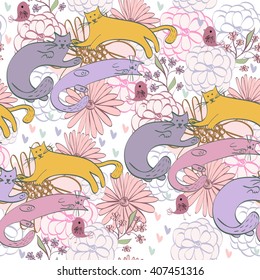 Stylish floral background with cartoon cats  in light colors.