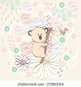 Stylish floral background with cartoon coala  in light colors.