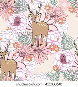 Stylish floral background with cartoon deer  in light colors.