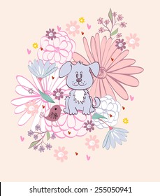 Stylish floral background with cartoon dog and  bird in light colors.