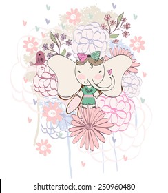 Stylish floral background with cartoon elephant and  bird in light colors.
