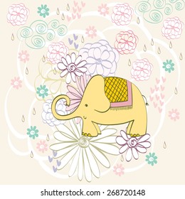 Stylish floral background with cartoon elephant  in light colors.