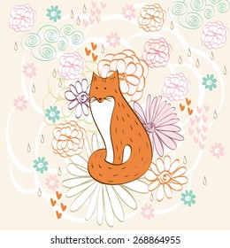 Stylish floral background with cartoon fox  in light colors.
