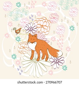 Stylish floral background with cartoon fox  in light colors.