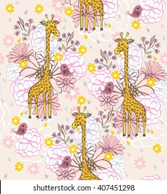 Stylish floral background with cartoon giraffe and  bird in light colors.