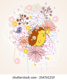 Stylish floral background with cartoon hedgehog in light colors.